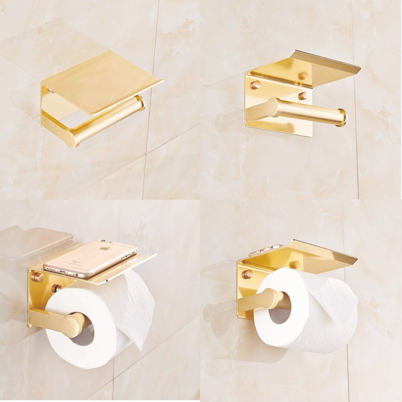 Youda Gold Toilet Paper Holder Wall Mount with Shelf - Self-Adhesive & Screw Mounted, Rust-Resistant Aluminum Bathroom Tissue Dispenser - Image 3